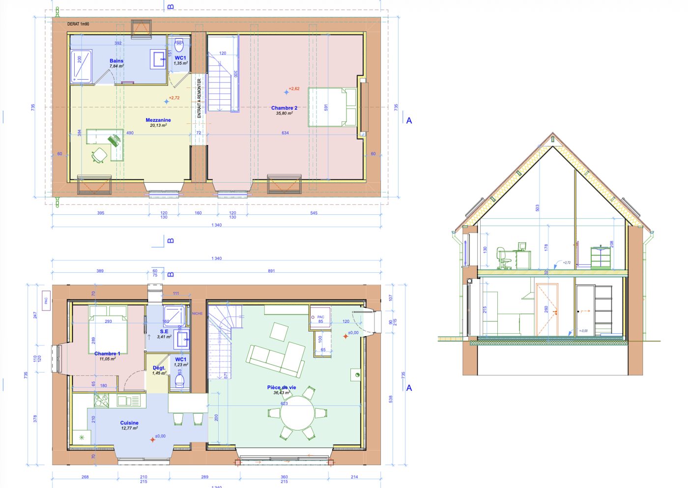 Projet d'extension Nouvel Espace — plans des niveaux et coupe du bâtiment